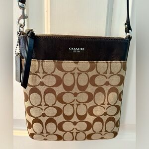 COACH Brown and Beige Signature Crossbody with Dark Brown Leather Trim